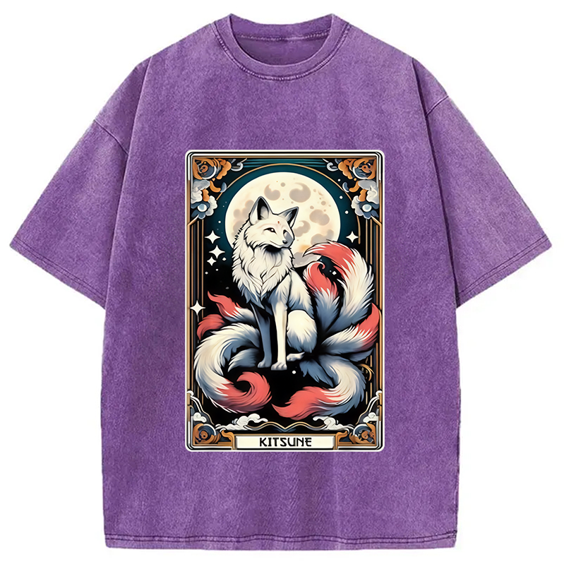 Modecanvas Japanese Kitsune Fox Nine Tailed Fox Tarot Washed T-Shirt