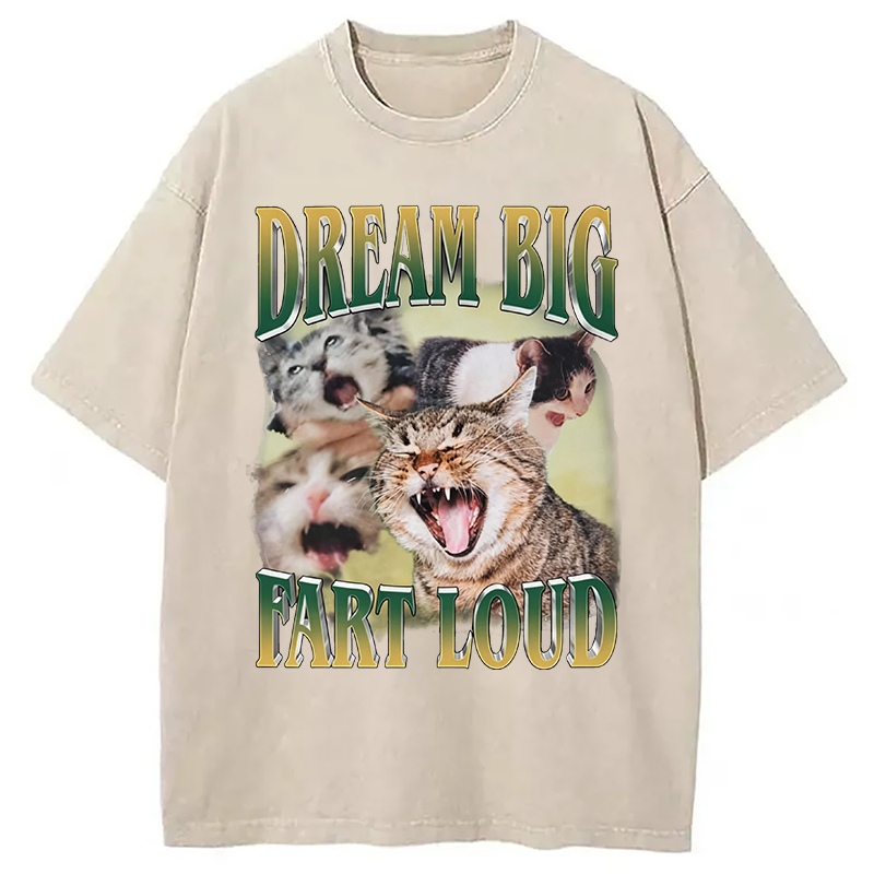 Modecanvas Dream Big Fart Loud Funny Cat Meme DTG Printing Washed T-Shirt