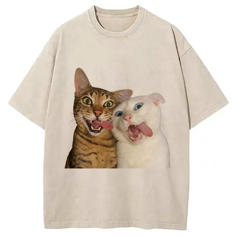 Modecanvas Funny Cat Tongue Out DTG Printing Washed T-Shirt
