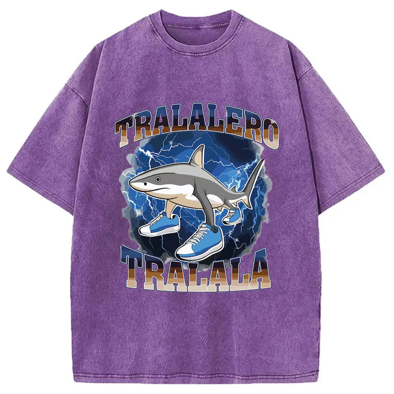 Modecanvas Tralalero Tralala Funny Shark Meme Washed T-Shirt-modecanvas