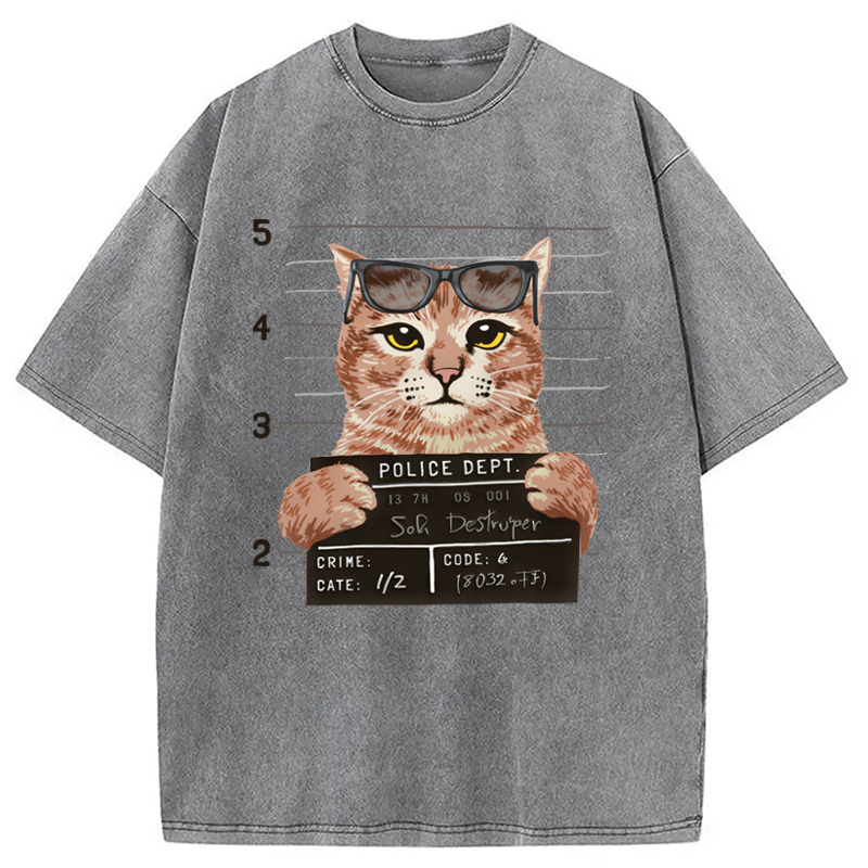 Modecanvas Cat Holding Mugshot Arrested Washed T-Shirt