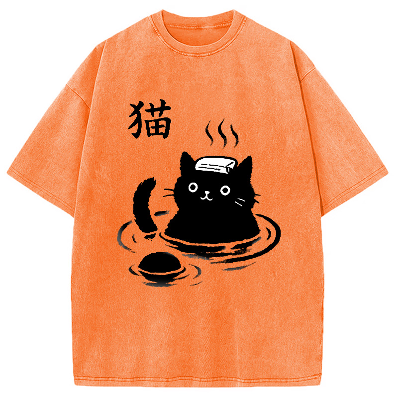 Modecanvas Cat Bathing In Hot Spring Washed T-Shirt