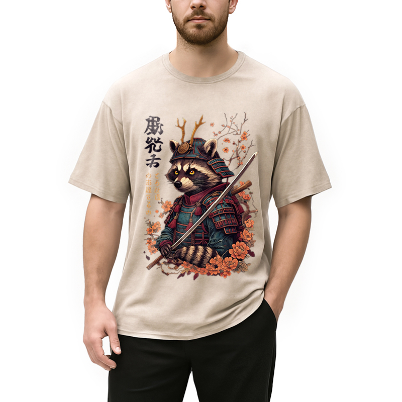 Modecanvas Japanese Raccoon Art DTG Printing Washed T-Shirt-modecanvas