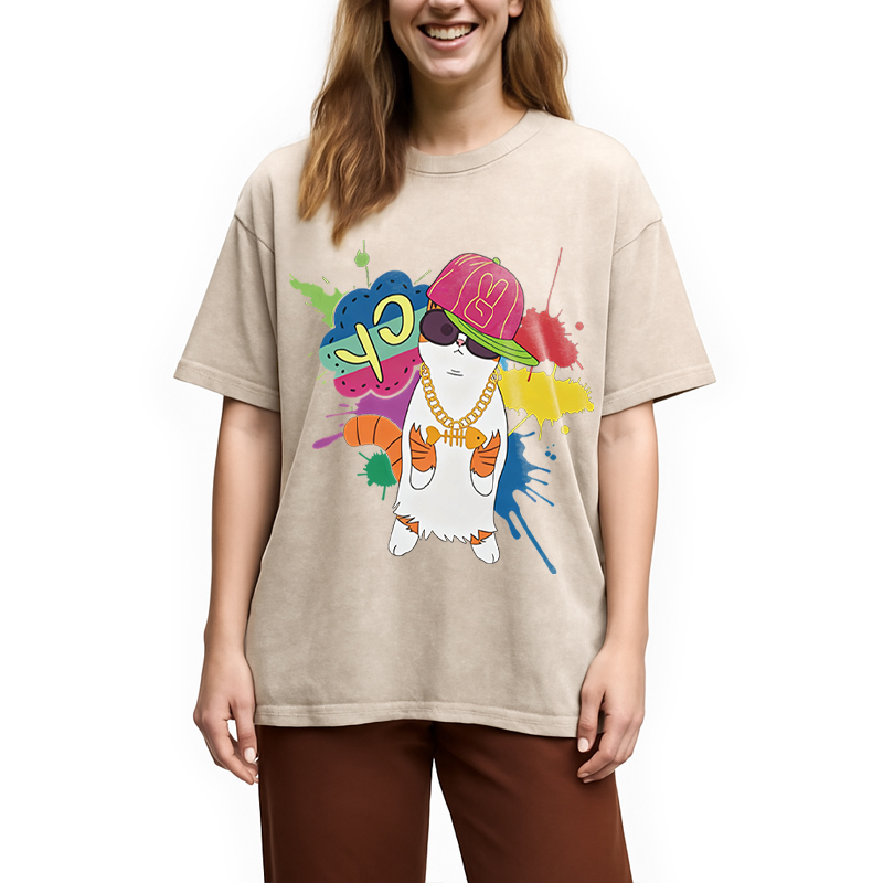 Modecanvas Hip Hop Cat DTG Printing Washed T-Shirt