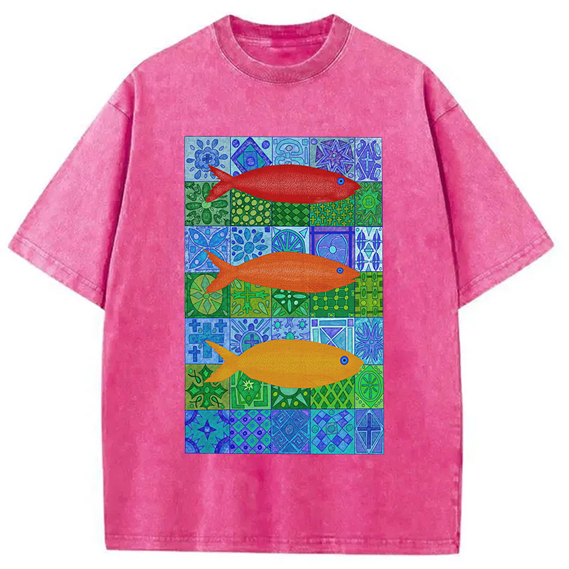 Modecanvas Three Fishes DTG Printing Washed T-Shirt