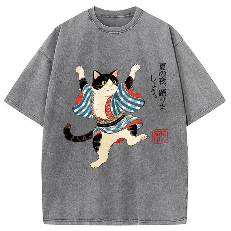 Modecanvas Bon Odori Dancing Cat DTG Printing Washed T-Shirt-modecanvas