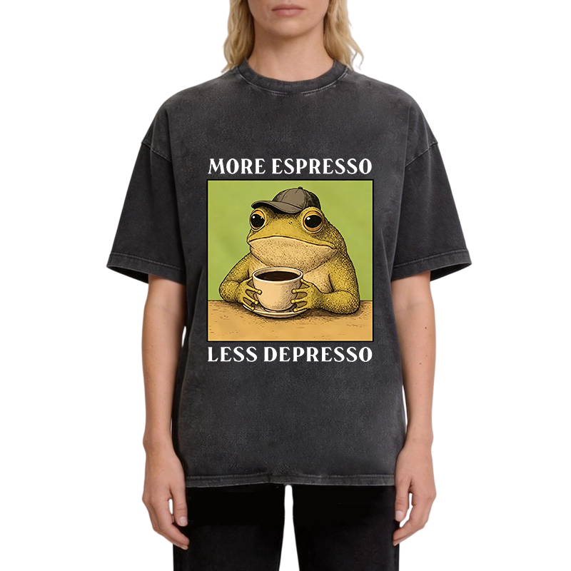 Modecanvas Frog Drinking Coffee Funny DTG Printing Washed T-Shirt