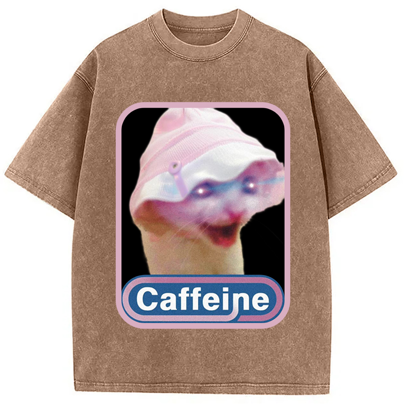 Modecanvas Caffeine Hat Cat Funny Meme Washed T-Shirt