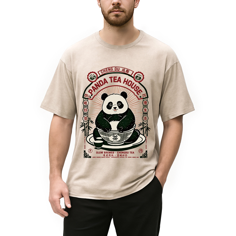 Modecanvas Panda Tea House DTG Printing Washed T-Shirt
