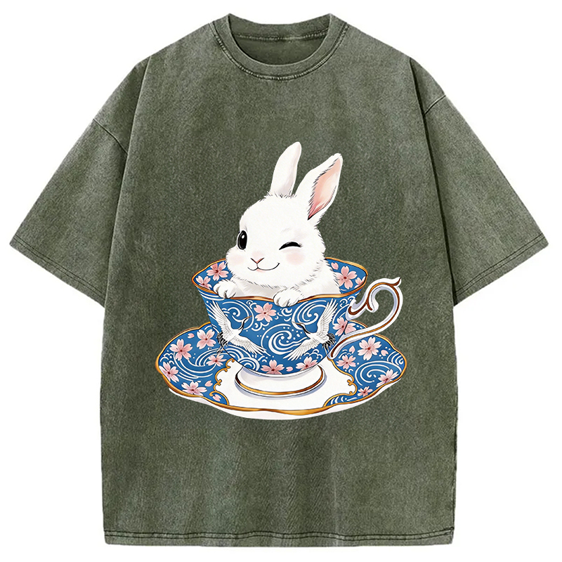 Modecanvas Cute Rabbit Tea Set DTG Printing Washed T-Shirt
