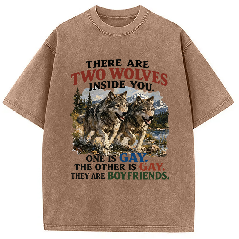 Modecanvas Two Wolves Gay Boyfriends Meme DTG Printing Washed T-Shirt