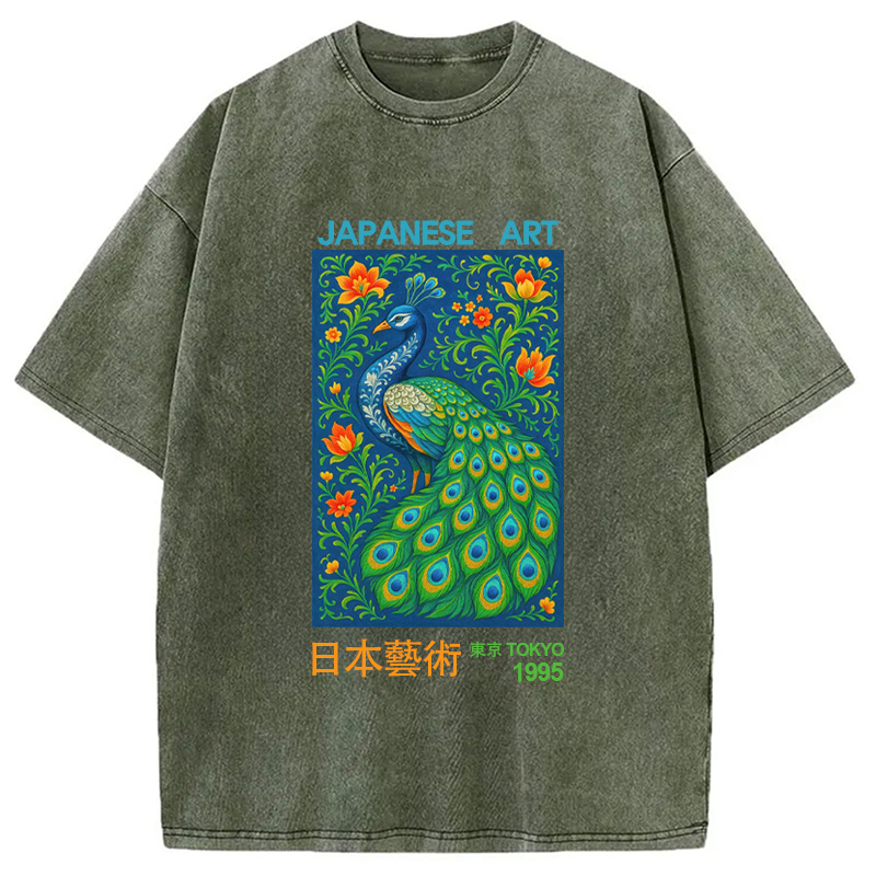 Modecanvas Majestic Peacock Japanese Art Washed T-Shirt