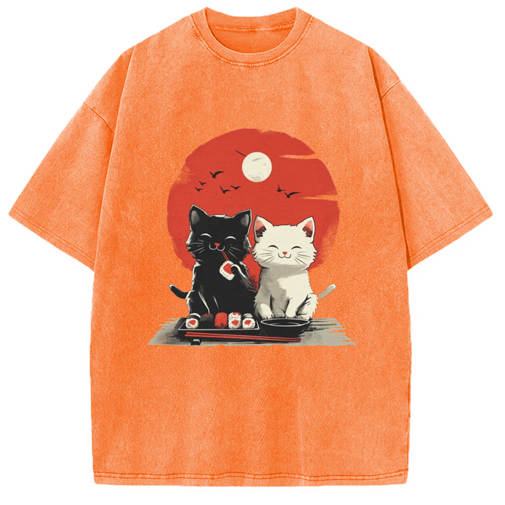 Modecanvas Black And White Cat Vintage Washed T-Shirt