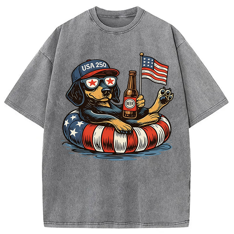 Modecanvas Funny 4th Of July Dachshund DTG Printing Washed T-Shirt