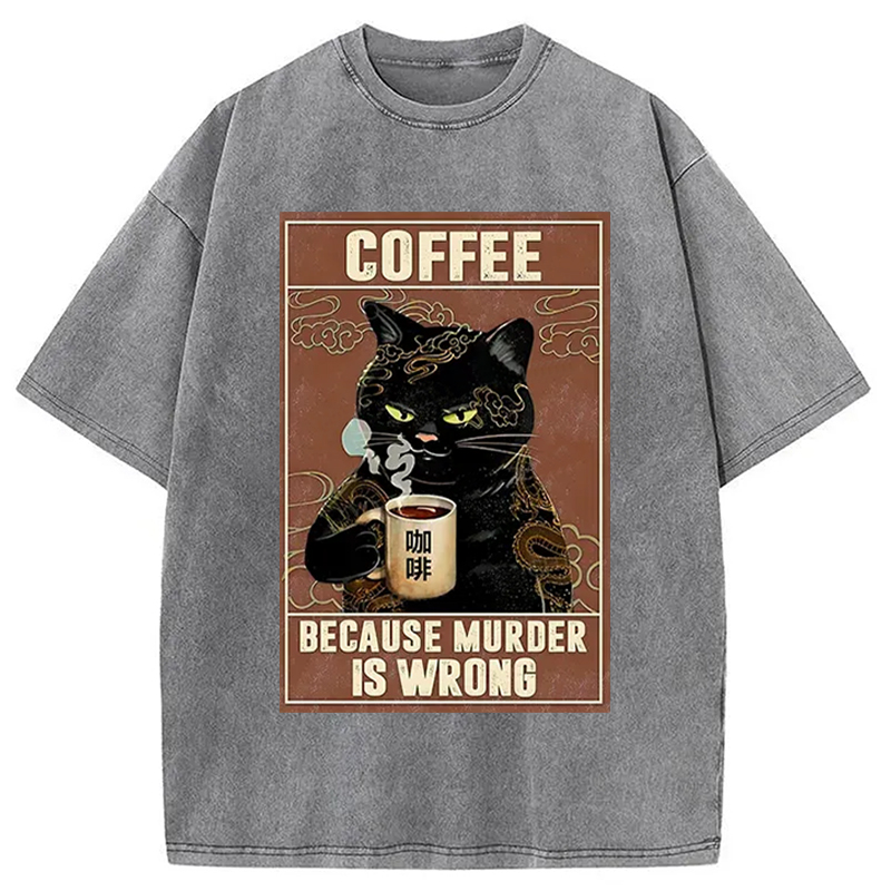 Modecanvas Cat Drinking Coffee Washed T-Shirt