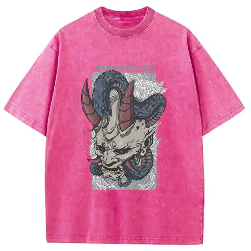 Modecanvas White Oni Mask with Snake Washed T-Shirt