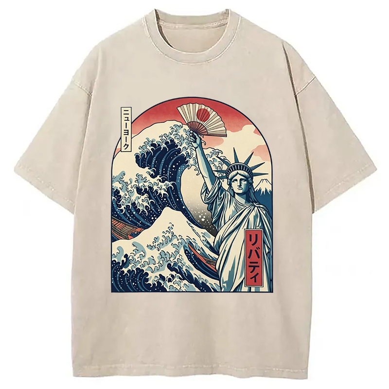 Modecanvas Ukiyo-e Statue Of Liberty DTG Printing Washed T-Shirt