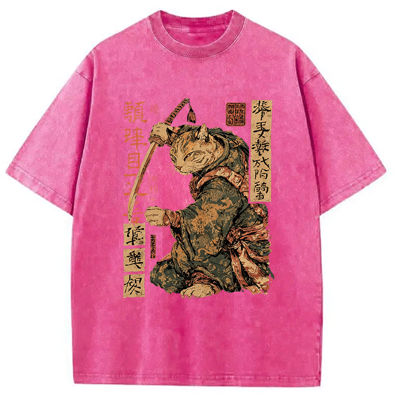 Modecanvas Japanese Katana Warrior Cat DTG Printing Washed T-Shirt-modecanvas