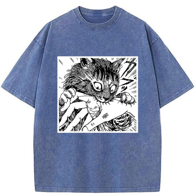 Modecanvas Creepy Cat Anime Horror Anteater Washed T-Shirt