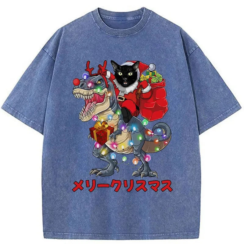 Modecanvas Cat Riding Dinosaur Christmas Washed T-Shirt