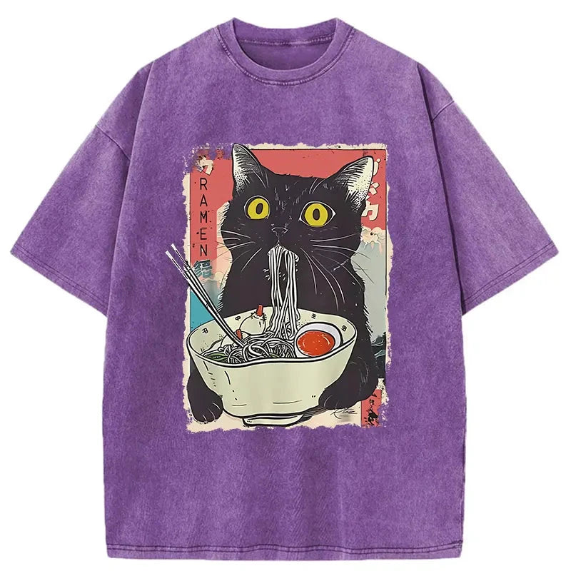 Modecanvas Cute Cat Eating Ramen Washed T-Shirt-modecanvas