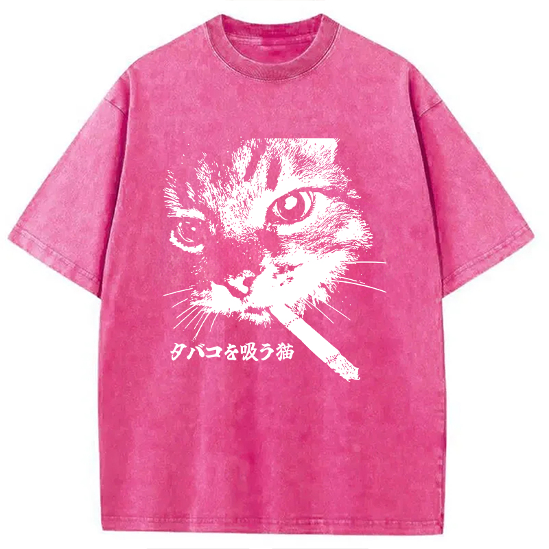 Modecanvas Retro Cat Smoking Washed T-Shirt-modecanvas