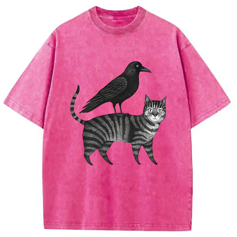 Modecanvas Crow Riding A Cat Washed T-Shirt