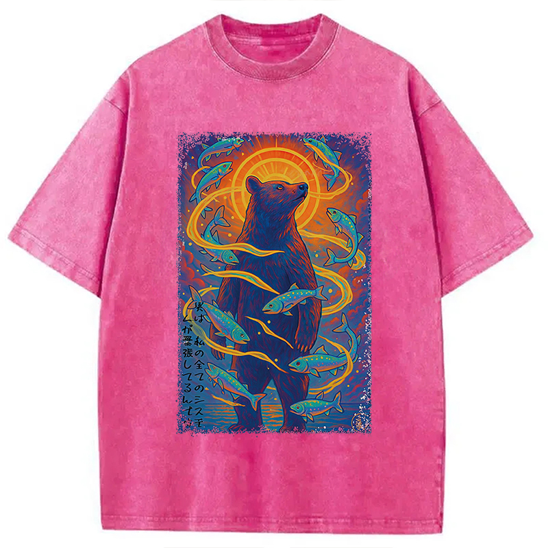 Modecanvas Ukiyoe Bear and Fish Vintage Poster Washed T-Shirt