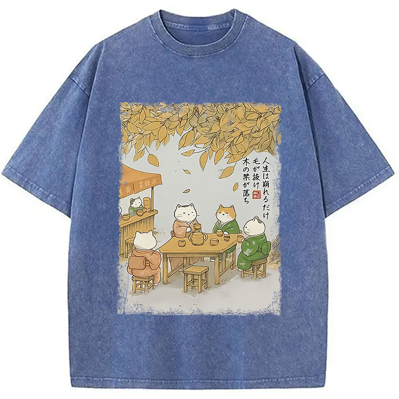Modecanvas Cats Drinking Tea Under The Tree Washed T-Shirt