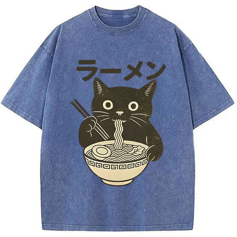 Modecanvas Simple Black Cat Eating Ramen Washed T-Shirt
