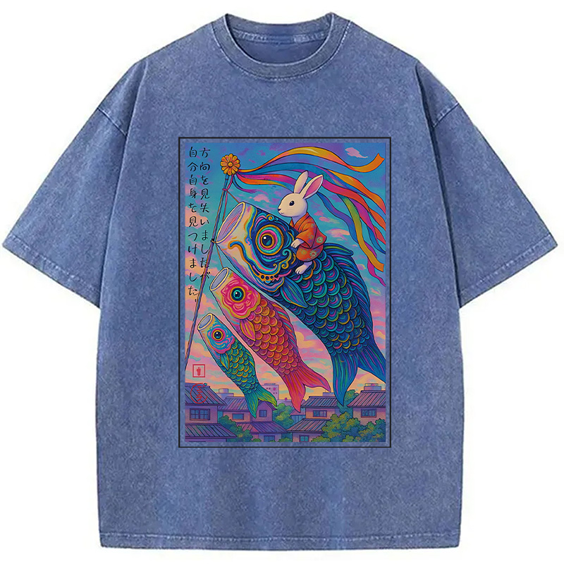 Modecanvas Ukiyoe Rabbit Ride Carp streamer Poster Washed T-Shirt