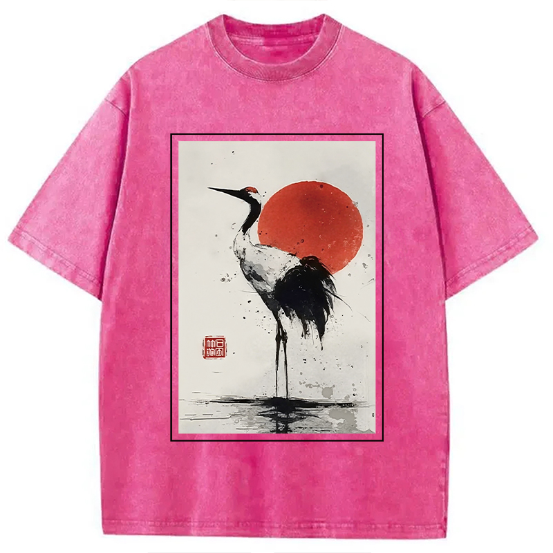 Modecanvas Retro Japanese Red-crowned Crane Washed T-Shirt