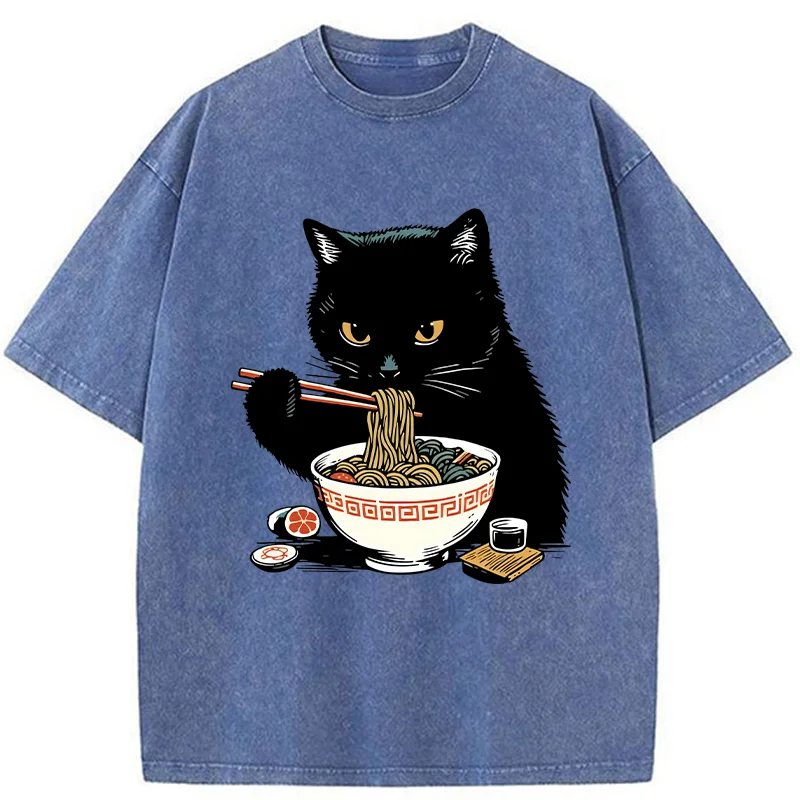 Modecanvas Cat Eating Favorite Ramen Washed T-Shirt