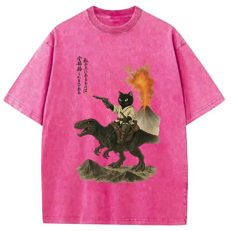 Modecanvas Cat Riding A Dinosaur Washed T-Shirt