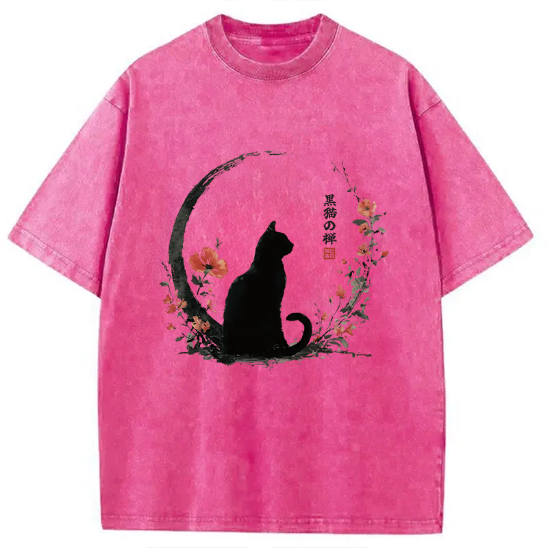 Modecanvas Black Cat And Flowers Washed T-Shirt