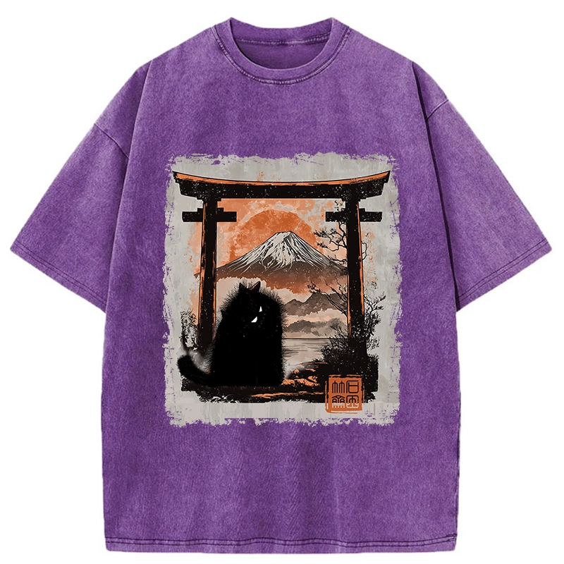Modecanvas Mt. Fuji Guardian Cat Washed T-Shirt