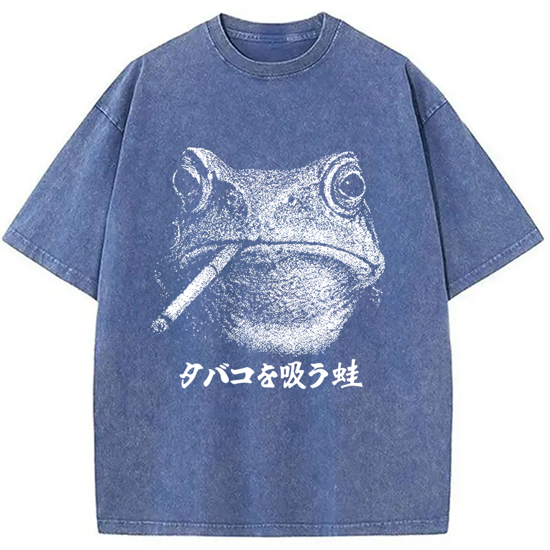 Modecanvas Funny Smoking Frog Meme Washed T-Shirt