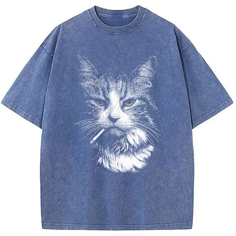Modecanvas Cool Cat Smoking Meme DTG Printing Washed T-Shirt-modecanvas