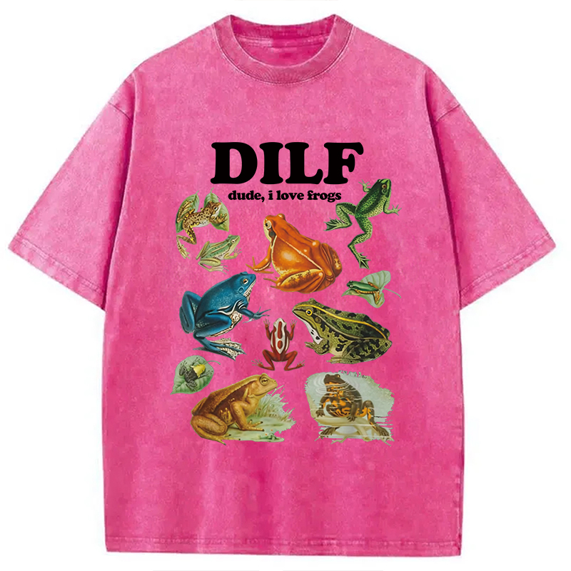 Modecanvas Dude I Love Frog Washed T-Shirt-modecanvas