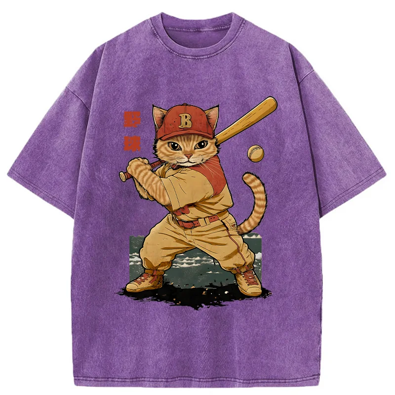 Modecanvas Baseball Cat Player Washed T-Shirt