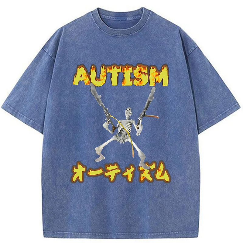 Modecanvas Autism Funny Skeleton DTG Printing Washed T-Shirt-modecanvas