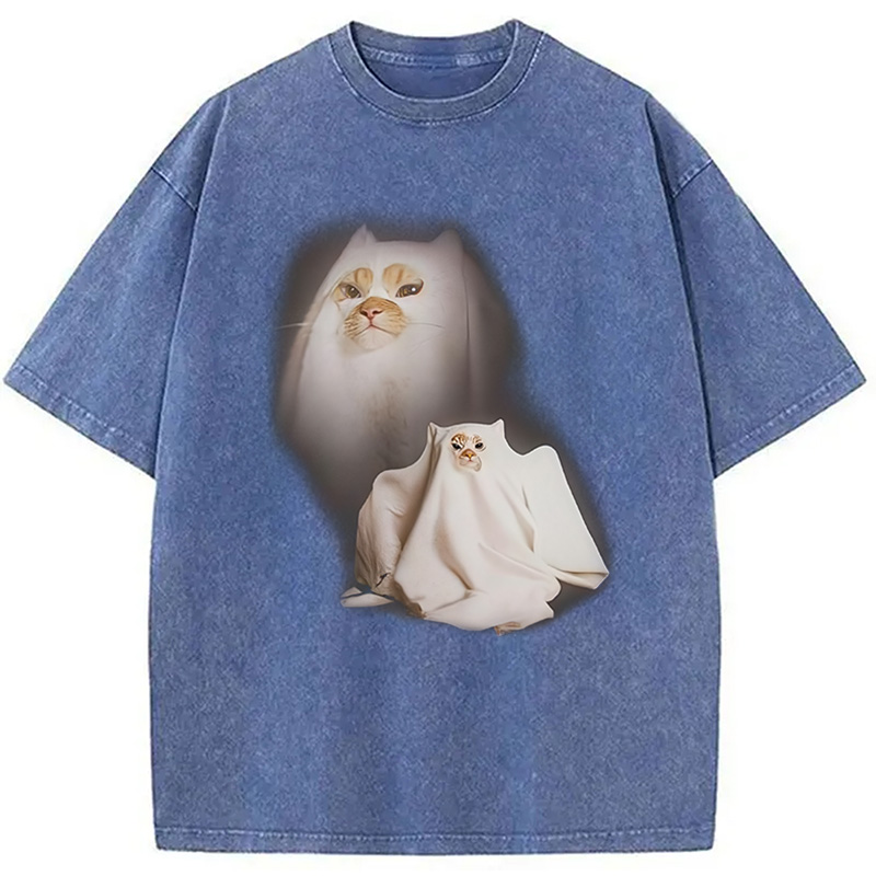 Modecanvas Ghost Cat Meme DTG Printing Washed T-Shirt-modecanvas