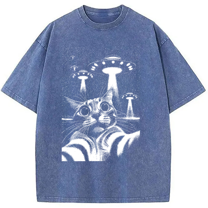 Modecanvas Alien Come For Cat DTG Printing Washed T-Shirt-modecanvas