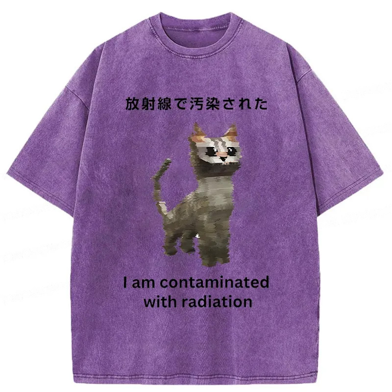 Modecanvas Irradiated Cat Funny Washed T-Shirt
