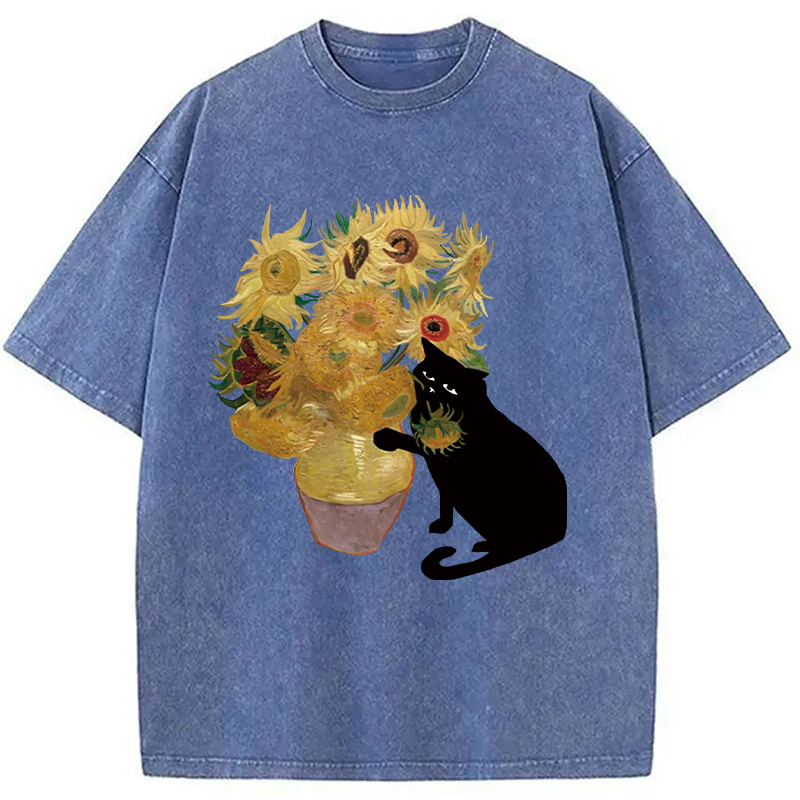 Modecanvas Cat Stealing Flowers Washed T-Shirt