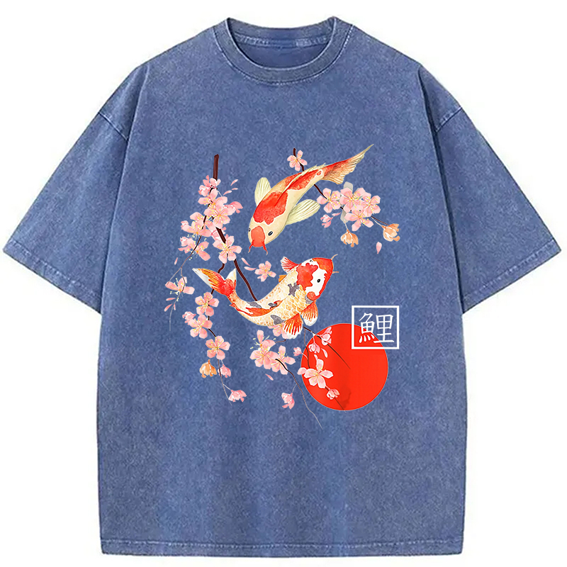 Modecanvas Cherry Blossom Koi Carp Fish Japanese Sakura Washed T-Shirt