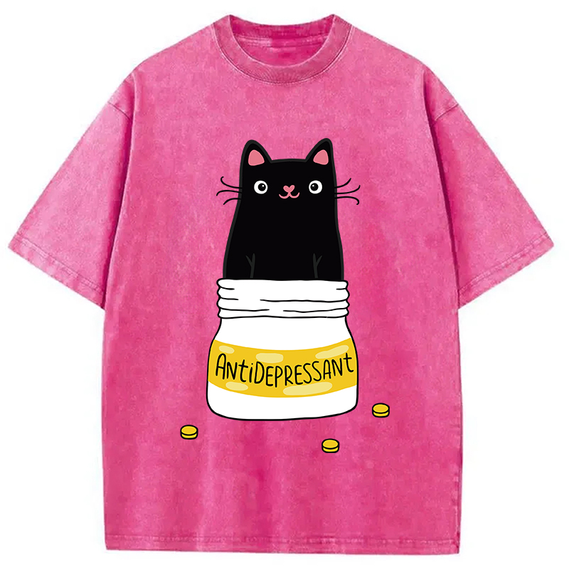 Modecanvas Cute Cat Antidepressant Funny Meme Washed T-Shirt