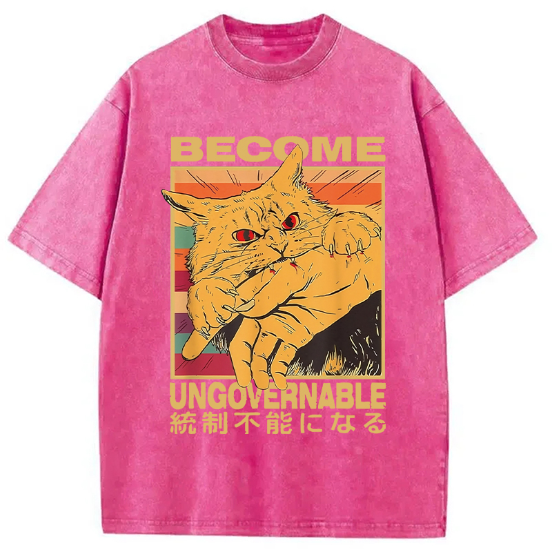 Modecanvas Become Ungovernable Funny Japanese Cat Bite Washed T-Shirt
