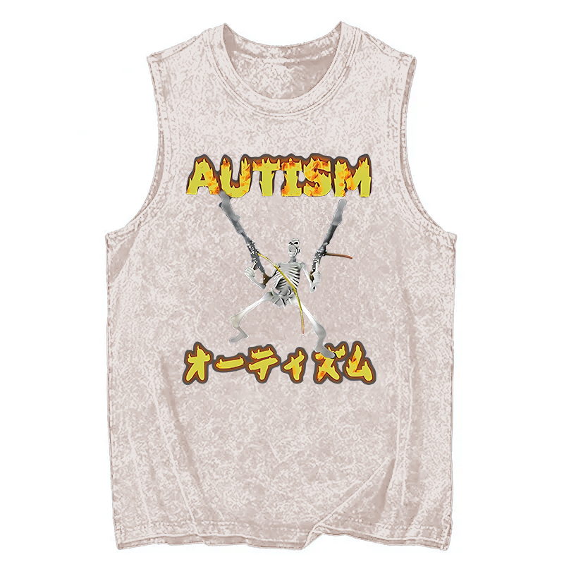 Modecanvas Autism Funny Skeleton DTG Printing Washed Tank-modecanvas