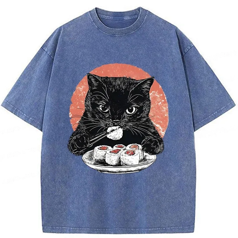 Modecanvas Cat Eating Delicious Sushi Washed T-Shirt